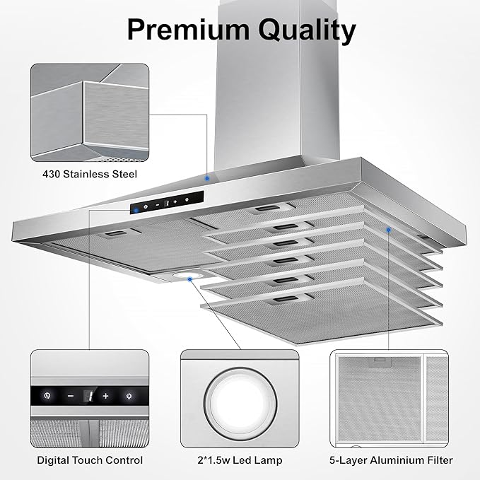 Range Hood 30 inch Wall Mount, Kitchen Vent Hood 450 CFM in Stainless Steel, Stove Vent Hood with Ducted Convertible Ductless, Touch Switch, LEDs Light, 3-Speed Fan, Aluminum Filters