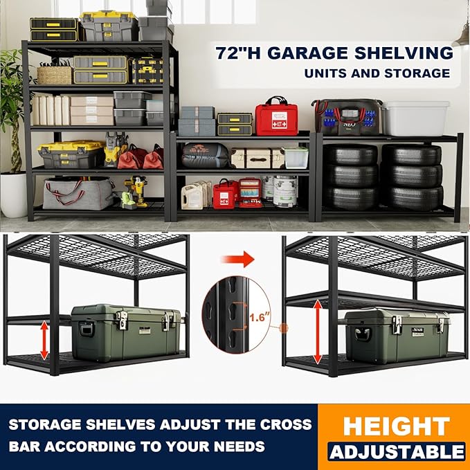 Heavy Duty Storage Shelves, 2800 lbs Metal Shelving Rack, 16"x35.5"x72" Garage Storage Shelf, Estantes de Almacenamiento, Black Basement Shelving Unit, Adjustable Garage Rack