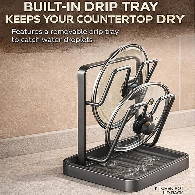 Kitchen Pot Lid Storage Rack, Heat-Resistant Pot Lid Holder While Cooking with Tray, Multifunctional Pot Lid Holder Organizer Rack, Lid and Spoon Rest for Countertop, Stove Top (Double-layer Gray)