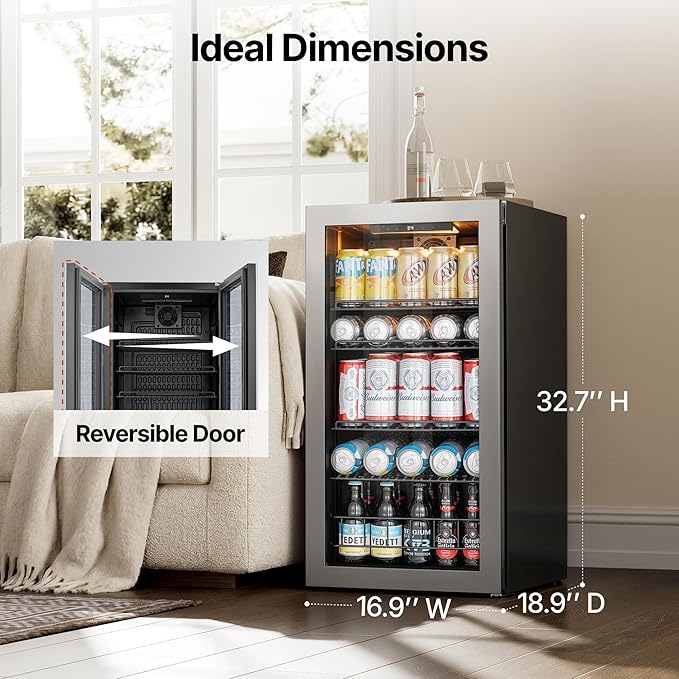 Ca'Lefort 105 Cans Beverage Cooler Mini Fridge, Beverage Refrigerator with Reversible Glass Door, Adjustable Shelves for Soda, Beer & Wine, Digital Temperature Control for Home, Office, Bar or Dorm