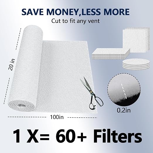 MERV 8 Air Vent Filters 20x100 Inch,Cut to Size Air Filter Material (60+ Filters), Electrostatic Triple Vent Filters for Floor, Ceiling, HVAC & RV Vents, Includes 48 Adhesive Hook Tape