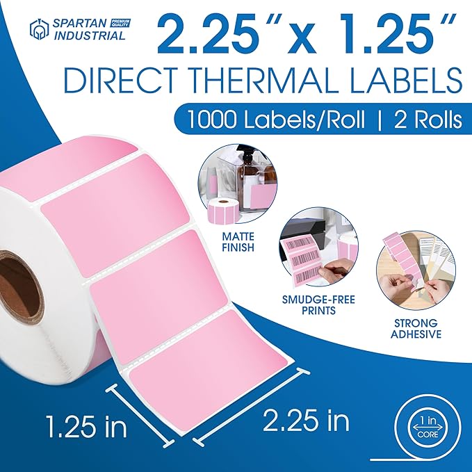 Spartan Industrial - 2.25" X 1.25" Direct Thermal Pink Labels (2 Rolls, 1000/Roll) Perforated Barcode Address Stickers - Compatible with Rollo, Zebra, MUNBYN Desktop Printers