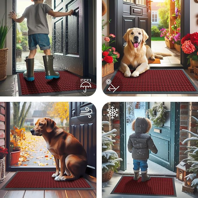 Smiry Front Door Mat Outside Entrance, Heavy Duty Natural Rubber Doormat, Non Slip, Trap Dirt and Moisture, Easy Clean, Low Profile Welcome Floor Mats for Indoor Outdoor Entry, 29.5x17 Inch, Red