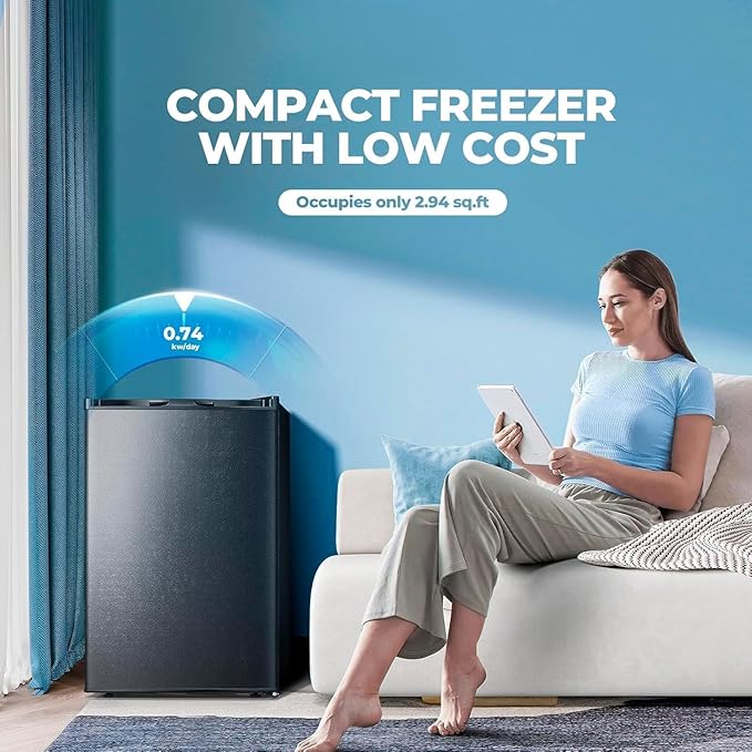 3.0 Cu.ft Small Freezer, Mini Upright Freezer with Adjustable Thermostat, Removable Shelves, Reversible Single Door, for Bedroom/Home/Dorms/Apartment, Sanded Black