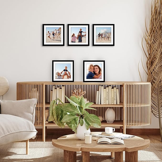 Americanflat 10x10 Picture Frame with Polished Plexiglass - Set of 5 - Use as 8x8 Frame with Mat or Display 10x10 Photo Without Mat - Galleria Collection - Square Frames for Tabletop or Wall - Black