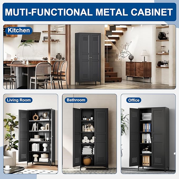 Metal Storage Cabinet-61” Tall Steel File Cabinets with Doors and 4 Adjustable Shelves-Black Steel Storage Cabinet for Home,Kitchen, School, Office, Garage