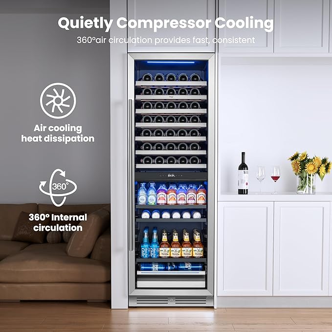 Yeego 24 Inch Wine Fridge – Wine and Beverage Cooler 34°F-65°F, 304 Stainless Steel Glass Door Lock, Temp Memory Blue & White LED Built-in Fridge with Adjustable Shelves (182 Can+77 Bottle)