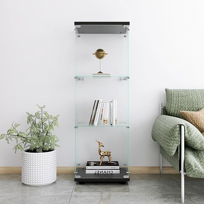 Yoluckea 3 Shelves Glass Display Cabinet with Door,Floor Standing Clear Glass Curio Cabinet Collection Display Case for Living Room Bedroom 49.41”x15.16”x13.58” Black (Quick Assembly)