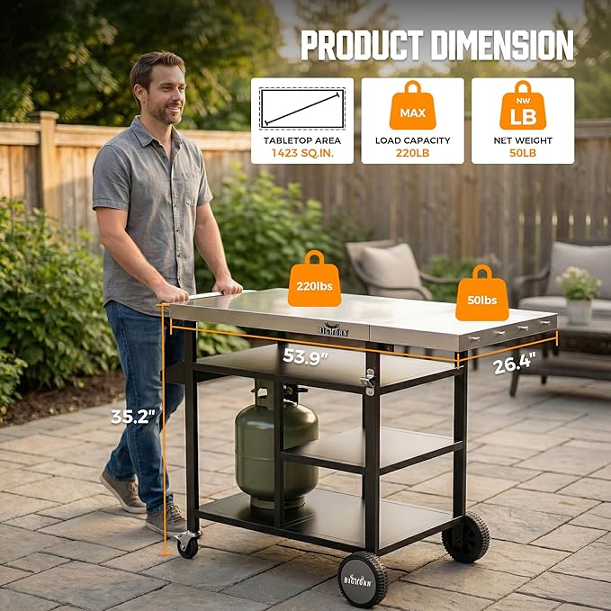 BIG HORN OUTDOORS Grill Cart, Stainless Steel Outdoor Grill Table for Infrared Grill, Pizza Oven Stand Compatible with Big Horn, Ninja, Ooni Pizza Ovens, Outdoor Cooking Table with Wheels & Storage