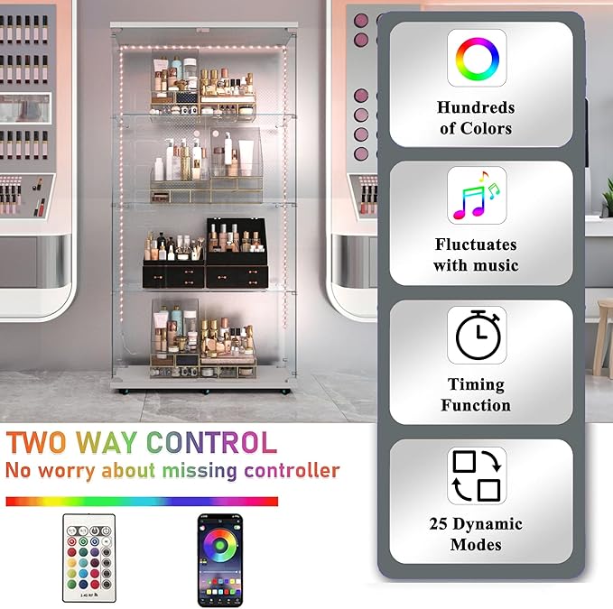Glass Display Cabinet with LED Light Strip, 4 Shelves with 2 Doors, Curio Storage Cabinets with Lock & Caster for Living Room, Office, Floor Standing Glass Bookshelf, Quick Installation - White