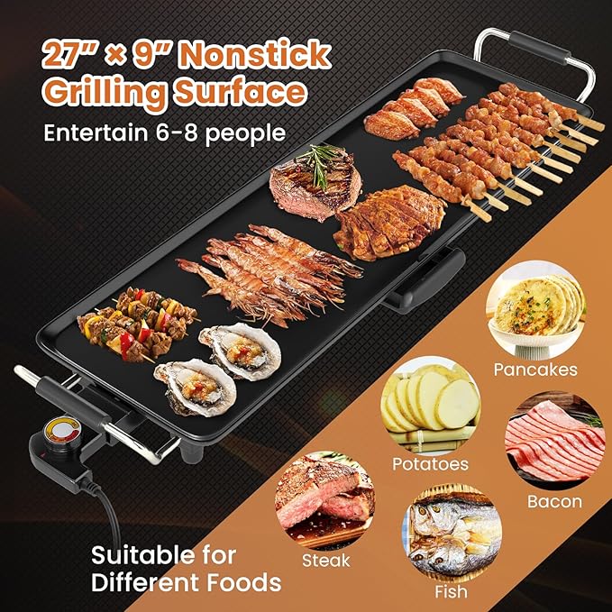 COSTWAY 27” Electric Griddle, Extra Large Teppanyaki Grill with Adjustable Temperature, Nonstick Surface, Insulated Handles & Drip Tray, Indoor Outdoor Tabletop BBQ Grill for Party, Camping & RV (27”)