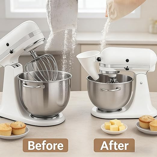 Upgraded Flour Funnel for Kitchen Aid Mixer,Flour Funnel- Stand Mixer Attachment,Secure-Fit No-Spill Funnel with Deep Pour Design, Improved Stability & Easy-Clean Attachment -Large Size (White)