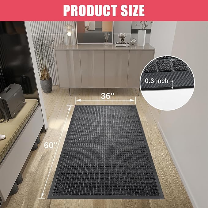 Kuyal Front Door Mat, 3'*5' Door Mat for Inside Outside Entrance,Waterproof Welcome Mats with Non-Slip Backing, Indoor Outdoor Entryway, Commercial Floor Mats, Durable & Easy to Clean, Dark Gray