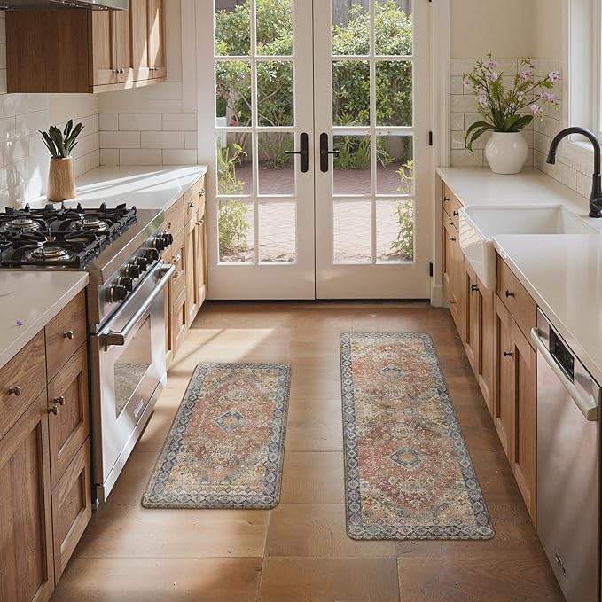 GENIMO Kitchen Mats for Floor, 2PCS Kitchen Rugs Non Slip Washable, Waterproof Anti Fatigue Mat, Comfort Standing Runner Rug for Sink, Office, Laundry, Home, 20"x32"+20"x48", RetroBrick