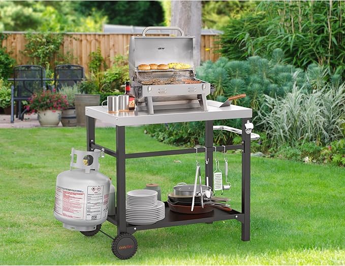 onlyfire Stainless Steel Movable Dining Cart Table, Pizza Oven Table, Multifunctional Utility Cart with Wheels for Outdoors, Kitchen or Backyard Patio