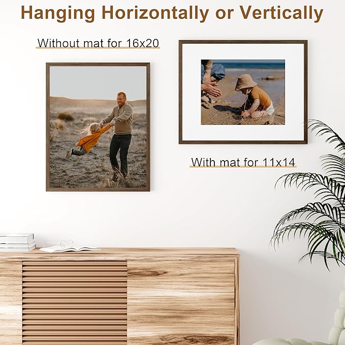 Vittanly 16x20 Picture Frame, Solid Wood Frame with Plexiglass, Includes 11x14 Mat, Wall Hanging or Tabletop for Photos, Home Decor, Brown, 1 Pack