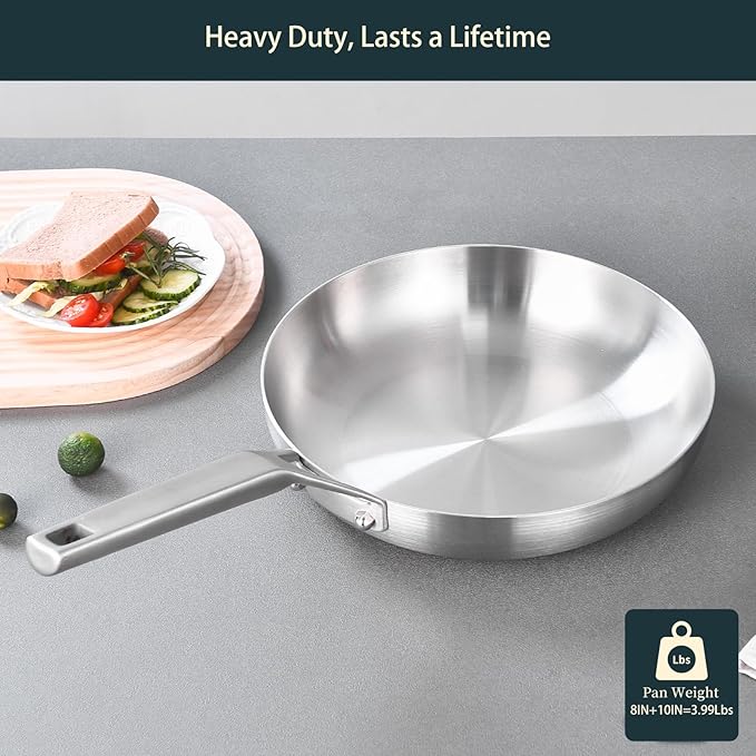 Tri-Ply Stainless Steel Frying Pan Set, 8 Inch and 10Inch, Skillet set, Durable, Cooking Pan 8" 10", Induction Ready Egg Pan, Compatible with All Cooktops Up to 600℉