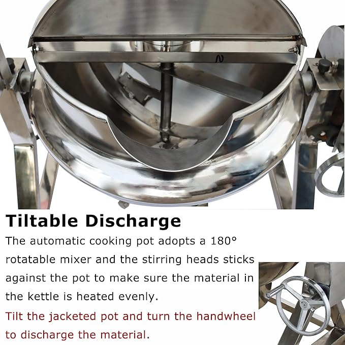 50L Jacketed Kettle 220V Commercial Electric Automatic Cooking Pot Tilting Jacketed Pot 750W Three Phase with Mixer for Soup Sugar Jam Chilli Tomato Sauce