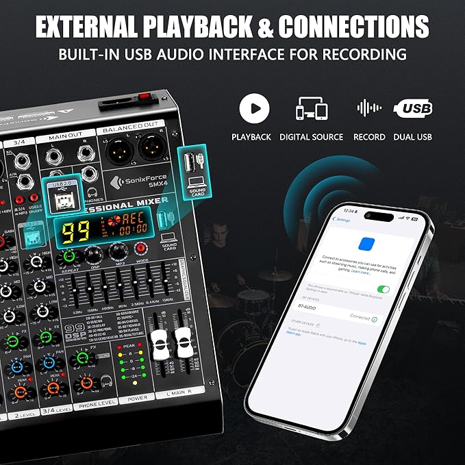 4 Channel Audio Mixer, 99 DSP Sound Board Console with 48V Phantom Power, Professional DJ Mixer for Podcasting, Streaming, Studio Recording (SMX4)