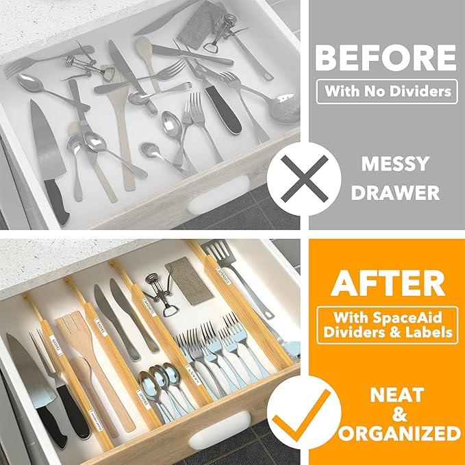SpaceAid Bamboo Drawer Dividers with Labels, Kitchen Adjustable Drawer Organizers, Expandable Organization for Home, Office, Dressers and Bathroom, 6 Dividers (17-22 in)