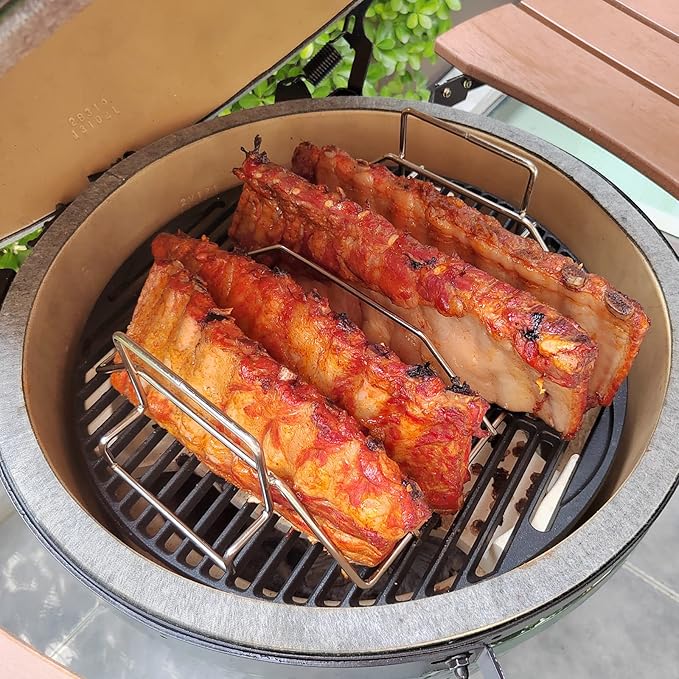Rib Rack and Turkey Rack for Smoking and Grilling, Stainless Steel Dual-Purpose Roasting Rack for L/XL Big Green Egg, Kamado Joe, and Other 18" Grills