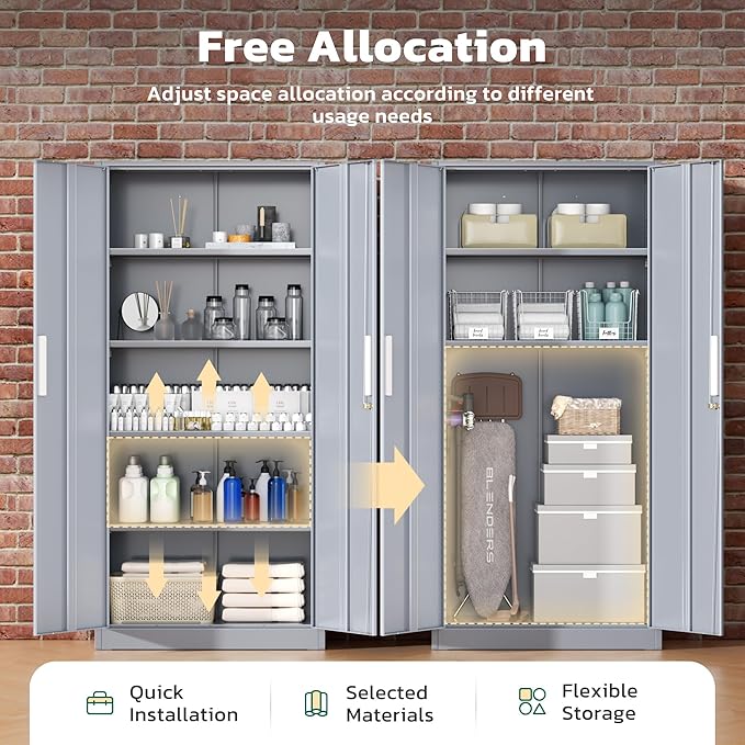 Greenvelly Metal Garage Storage Cabinet with 2 Doors and 4 Adjustable Shelves, 72”H Steel Lockable Storage Cabinet,Tall Metal Cabinet Locking File Cabinet for Office,Home, Garage, Gym, School