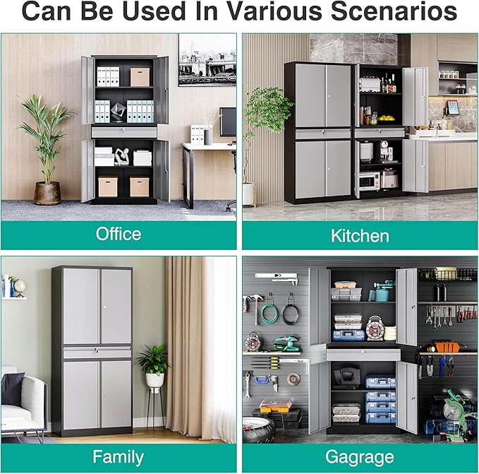 Metal Storage Cabinet with Doors and Shelves,Garage Storage Cabinets with Lock and Drawer,Metal Cabinet with Locking Doors,4 Door Steel Cabinet,71" Tall Lockable Cabinets for Garage,Home,Office