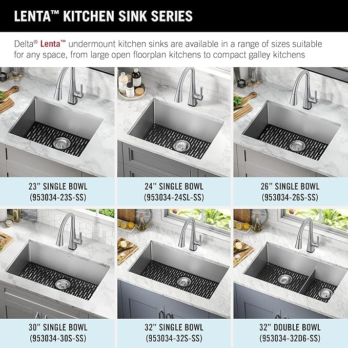 DELTA FAUCET Delta Lenta 32-inch Undermount 16 Gauge Stainless Steel Double Bowl Kitchen Sink with Accessories, 953034-32D6-SS, Satin, 32 Inch - Double Bowl