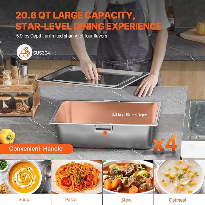 VEVOR Commercial Food Warmer, 2000W Electric Steam Table with 4 x 20.6QT Pans, Versatile Food-Grade Stainless Steel Server with Countertop & Shelf, Movable Buffet Catering Warmer for Party Restaurant
