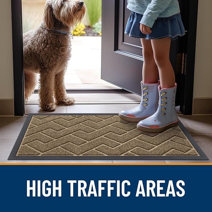 OLANLY Front Door Mat Indoor Outdoor Entrance, Waterproof All-Season, All-Weather Doormat, Sturdy Natural Rubber, Low Profile, Easy Clean Patio Porch Entryway Mat, Herringbone Brick (Brown, 47x32)