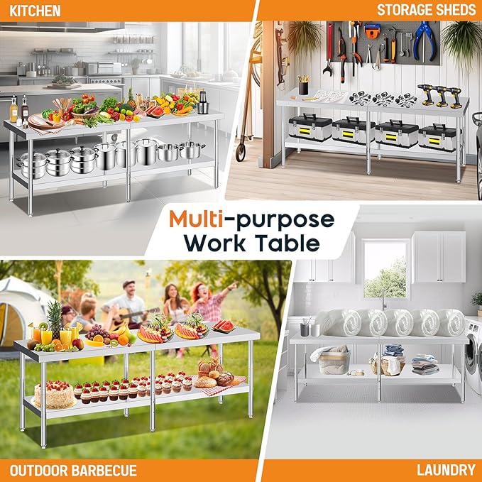 Jocisland 30" x 96" Stainless Steel Table for Prep & Work Adjustable Under Shelf and Feet, for Commercial Kitchen, Restaurant, Hotel and Garage