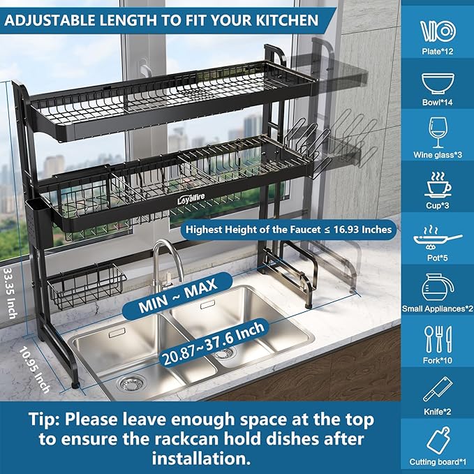 Over Sink Dish Drying Rack, 3 Tier Adjustable Length (20.87'' to 37.6'') Full Stainless Steel Large Storage Kitchen Dish Rack, Expandable Drainer Shelf Rack with Multifunctional Organizers