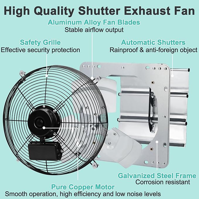 14 Inch Shutter Exhaust Fan, High Power Wall Mount Attic Fan with Thermostat and Speed Controller for Greenhouses, Sheds, Garages, Chicken Coops, Barns Ventilation, 1088 CFM