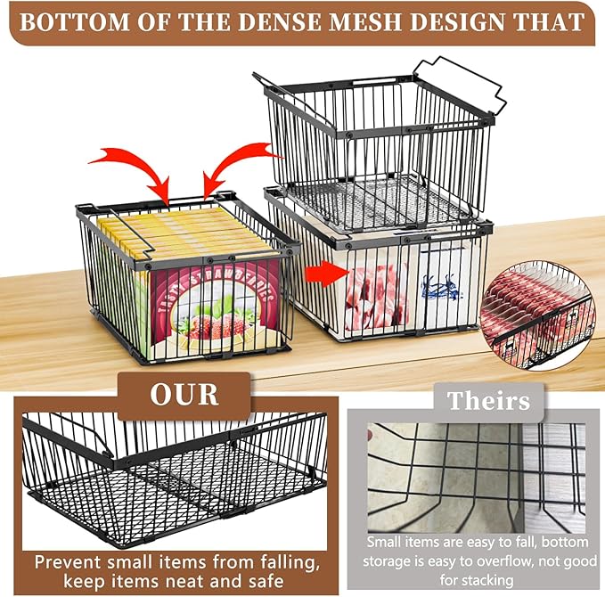 Large Freezer Organizer Bins，Upgraded Bottom Leak-Proof net，Fit 5 to 9 Cu Ft Chest Freezer，5 Pack， Expandable Stackable Chest Freezer Containers with Handle (Black-5P)