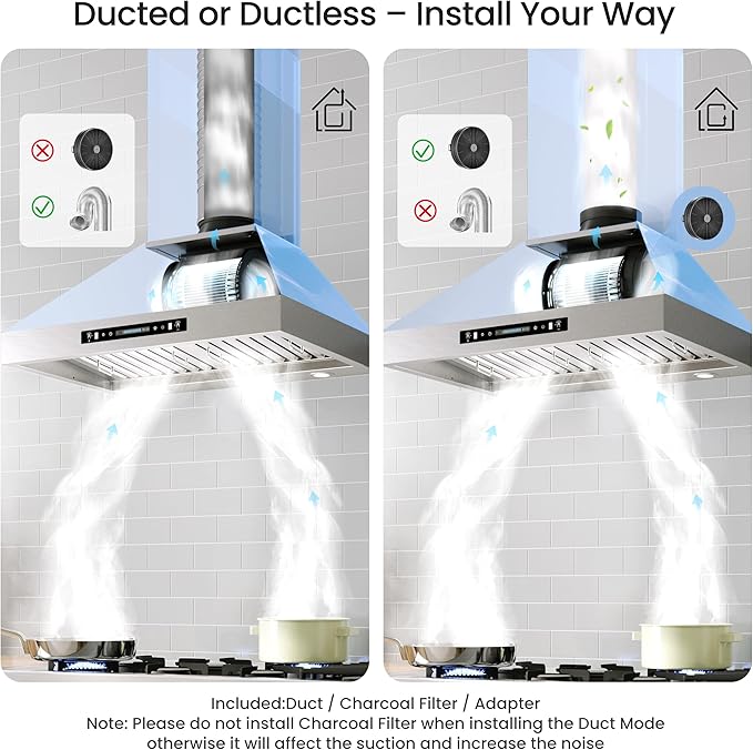 IKTCH 30 inch Black Wall Mount Range Hood, 900 CFM Ducted/Ductless Stainless Steel Vent Hood with Gesture Sensing & Touch Control Switch Panel, 2 Pcs Adjustable Lights
