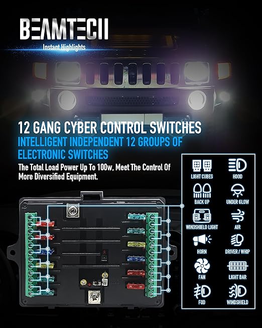 BEAMTECH Wireless 12 Gang Switch Panel, RGB Multifunction Switch Toggle Momentary Pulsed Circuit Control Relay System Box Auxiliary Touch Control Switch LED Light Controller for Car Truck Van ATV SUV