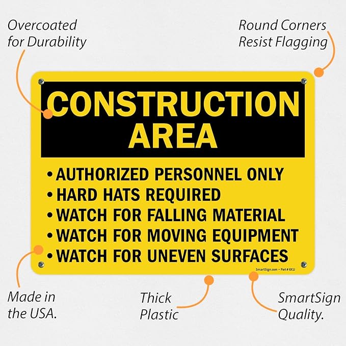 SmartSign "Construction Area - Authorized Personnel Only, Hard Hats Required" Sign | 10" x 14" Plastic