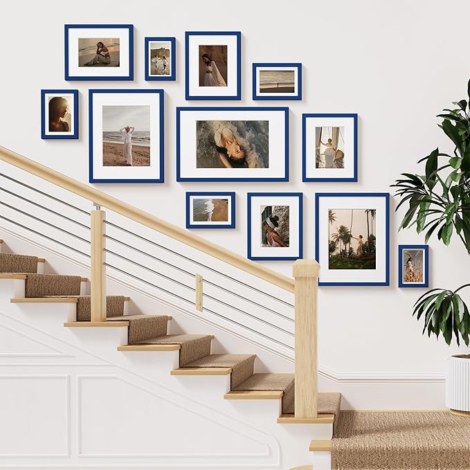 Vittanly 8x10 Picture Frame Set of 2, Solid Wood Frame for Wall or Tabletop, Display Photo 5x7 with Mat or 8x10 without Mat, Royal Blue