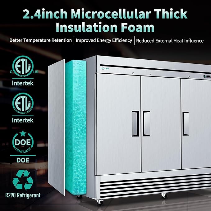 COOLCHEF 81" Commercial Refrigerator 72 Cu.Ft, Stainless Steel 3-Door Reach-in Fridge, 33–40℉, Air Cooling, LED Light, 9 Shelves, R290, ETL