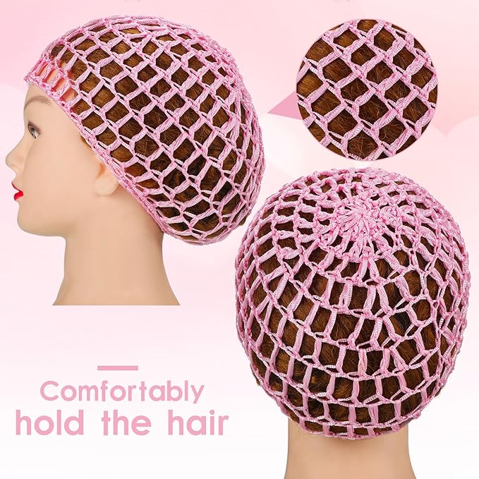 Geyoga 4 Pieces Mesh Crochet Hair Net Rayon Knit Snood Hat Thick Short Women Hairnet Snoods Cover Ornament for Sleeping (Pink)