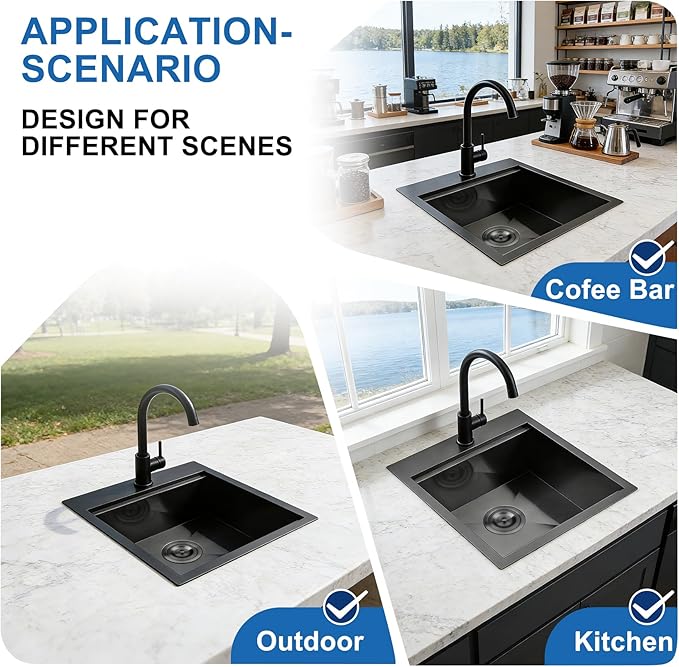 Scamall 15x17x9 Drop In Kitchen Sink Workstation, Nano Black 304 Stainless Steel Deep Single Bowl with Quick Drainage & Tarnish-Free Surface for Bar, Laundry, RV, Includes Accessories