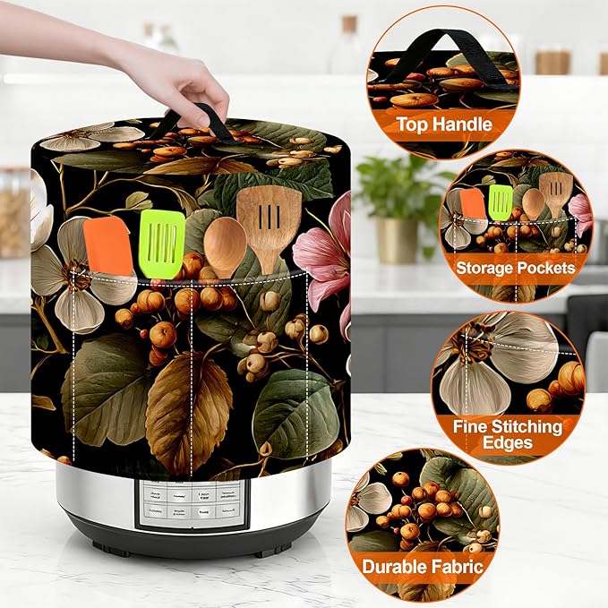 Kitchen Appliance Accessories Dust Cover for 3-6-8 Quart Instant Pot, Pressure Cooker, Air Fryer & Crock Pot,Decorative Appliance Cloth Cover with Top Handle & Storage Pockets (White flower, 8 Quart)