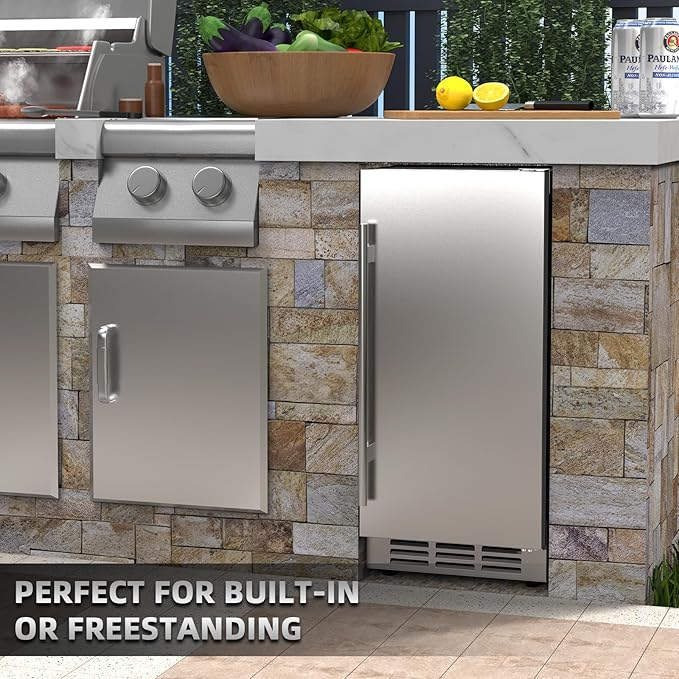 15 Inch Outdoor Beverage Fridge, Weather Proof Stainless Steel Beverage Cooler Under Counter Beer Fridge, Indoor/Outdoor Beverage Refrigerator for 80 Cans, Built-in/Freestanding