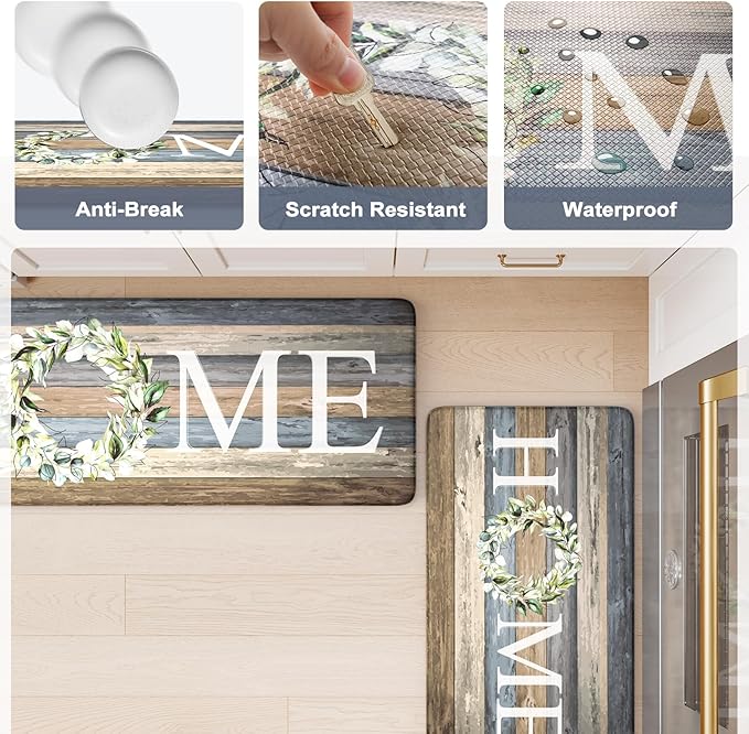 KIMODE Farmhouse Kitchen Mats for Floor 2 Piece,Cushioned Anti Fatigue Rugs Non Slip,Memory Foam Waterproof Carpet for Sink Laundry Office Bathroom,Blue 17"x47"+17"x29"