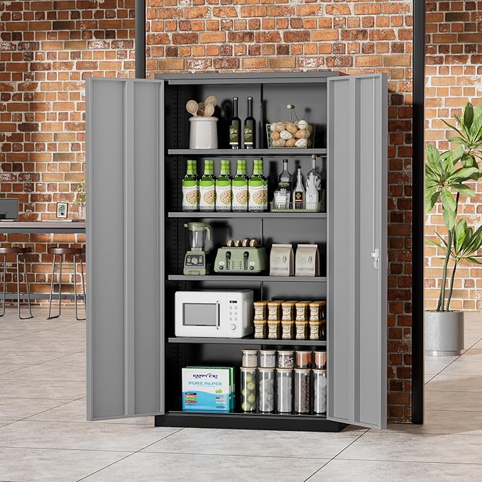 Greenvelly Metal Garage Storage Cabinet with 2 Doors and 4 Adjustable Shelves, 72”H Steel Lockable Storage Cabinet,Tall Metal Cabinet Locking File Cabinet for Office,Home, Garage, Gym, School