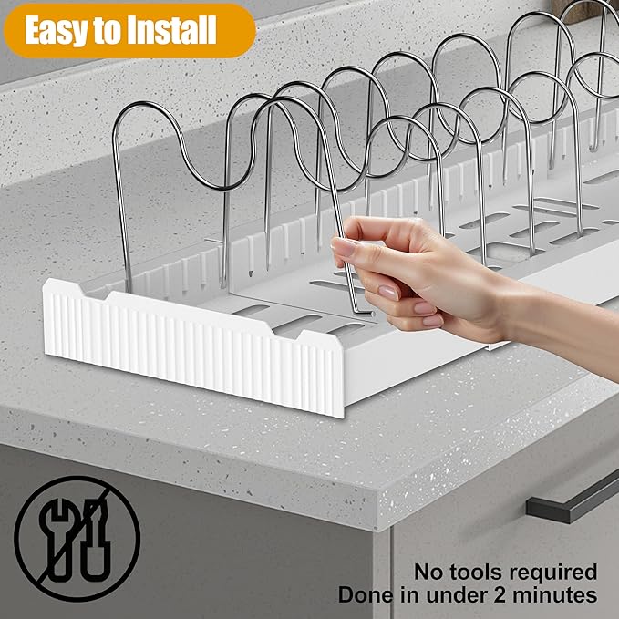2 Pack Pots and Pans Organizer Racks Under Cabinet, Expandable Food Storage Container Lid Holder, Includes 20 Stainless Steel Racks & White Plastic Base, Perfect for Kitchens, Apartments & RVs