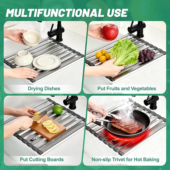 16.5" X 13" Roll Up Dish Drying Rack，Over The Sink Drying Rack 304 Stainless Steel Foldable Heat-Resistant Dishes Drainer for Kitchen and RV Sink Counter