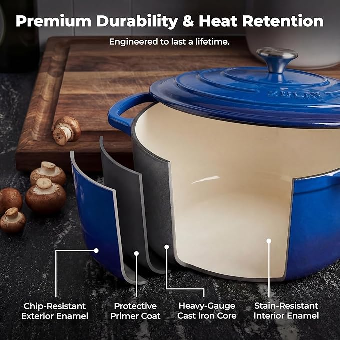 Zulay Kitchen 6 Quart Enameled Cast Iron Dutch Oven Pot with Lid – Premium Durability & Oven Safe up to 500°F – Heavy Duty Cookware Perfect for Bread Baking, Stews, Braising & Roasting – Blue