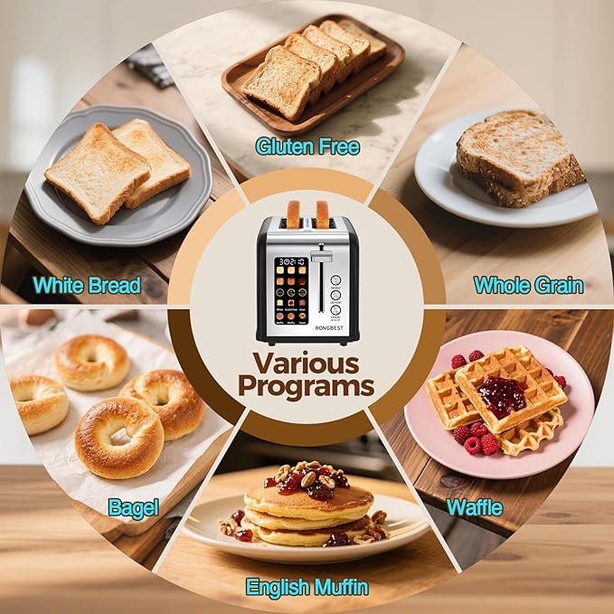 2 Slice Easy Touch Screen Toaster, Stainless Steel Toaster with Wide Slots, Even Toasting for Bagels & Bread, Reheat & Defrost, Removable Crumb Tray, Matt Black