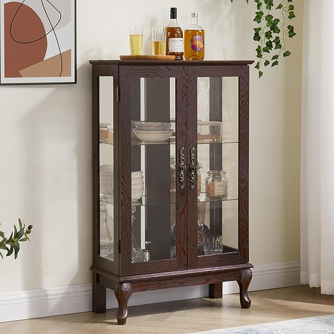 43" H Lighted Curio Cabinet Display Case, Glass Curio Cabinet with Adjustable Shelves and Tempered Glass Door, Wooden Cabinets w/Mirrored Back Pane for Living Room (Dark Cherry)